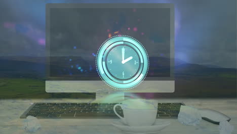 animación de reloj moviéndose rápidamente y estadísticas con procesamiento de datos sobre el paisaje