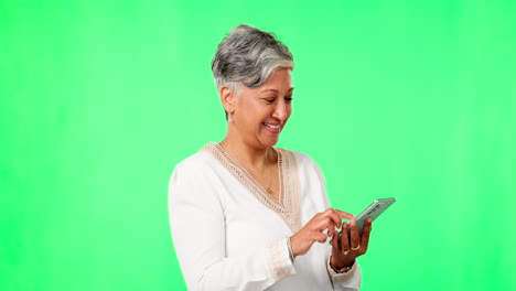 Phone,-funny-and-senior-woman-on-green-screen