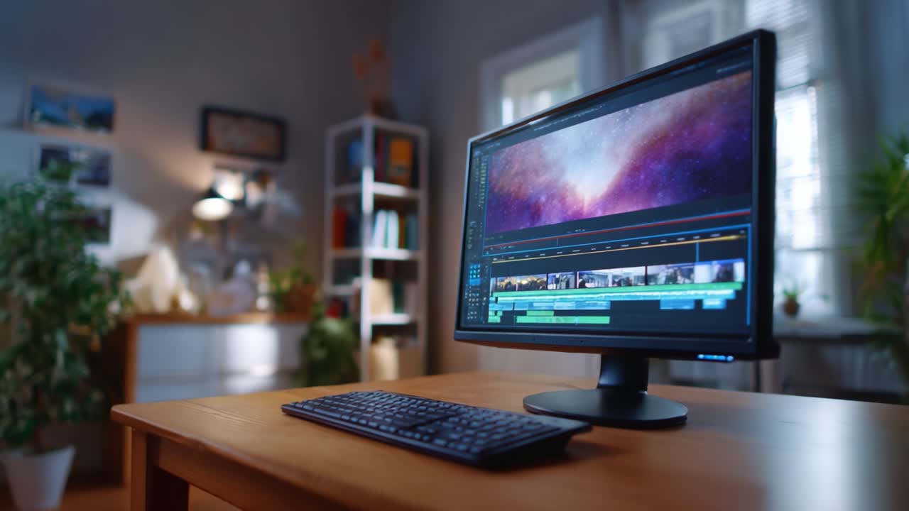 Un moderno setup da scrivania con un monitor ad alta risoluzione che mostra una timeline di video editing dinamica in un ambiente di lavoro luminoso e accogliente