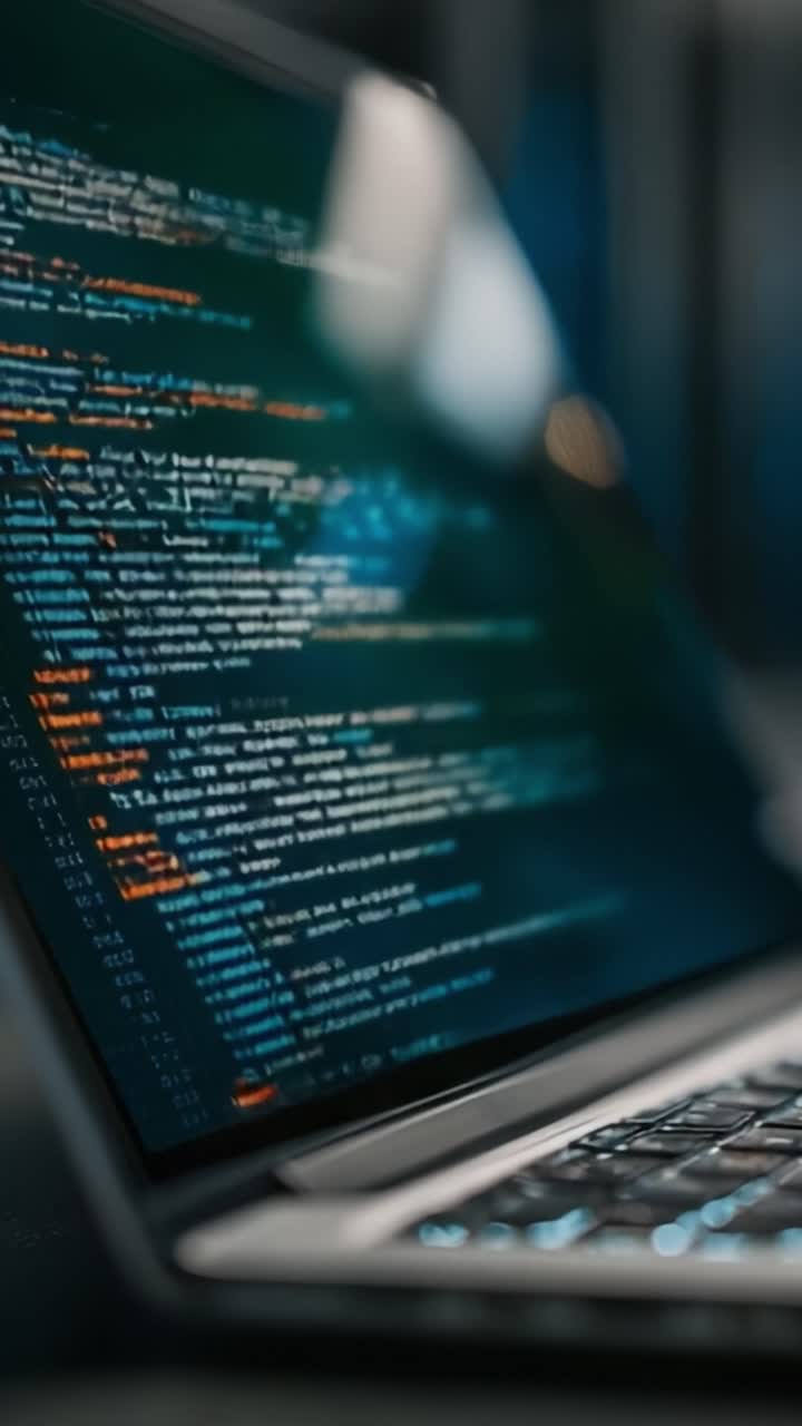 A Close-Up View of a Laptop Displaying Complex Code in a Dark Environment, Highlighting Programming Syntax and Software Development Best Practices