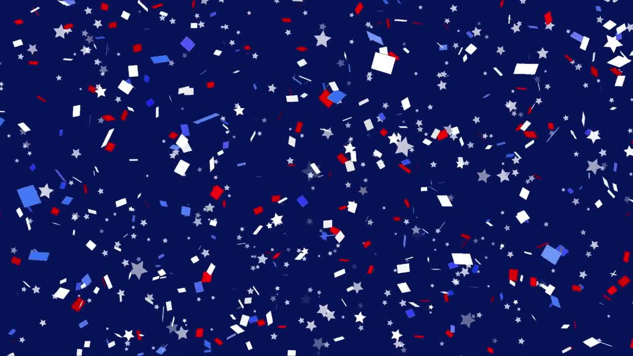 파란색 배경에 콘페티와 별의 애니메이션