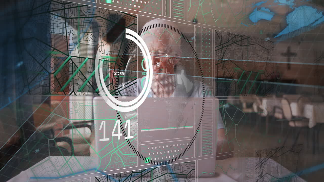 In office, diverse professionals using animation futuristic data interface on screens