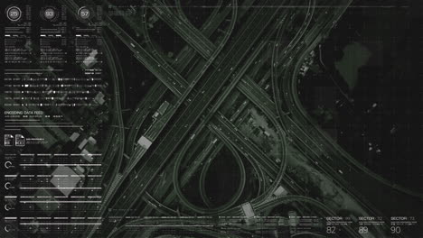 futuristic hud satellite view of traffic surveillance on a busy expressway junctions tracking and monitoring highway traffic for possible target vehicle