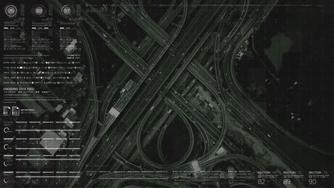 futuristic hud satellite view of traffic surveillance on a busy expressway junctions tracking and monitoring highway traffic for possible target vehicle