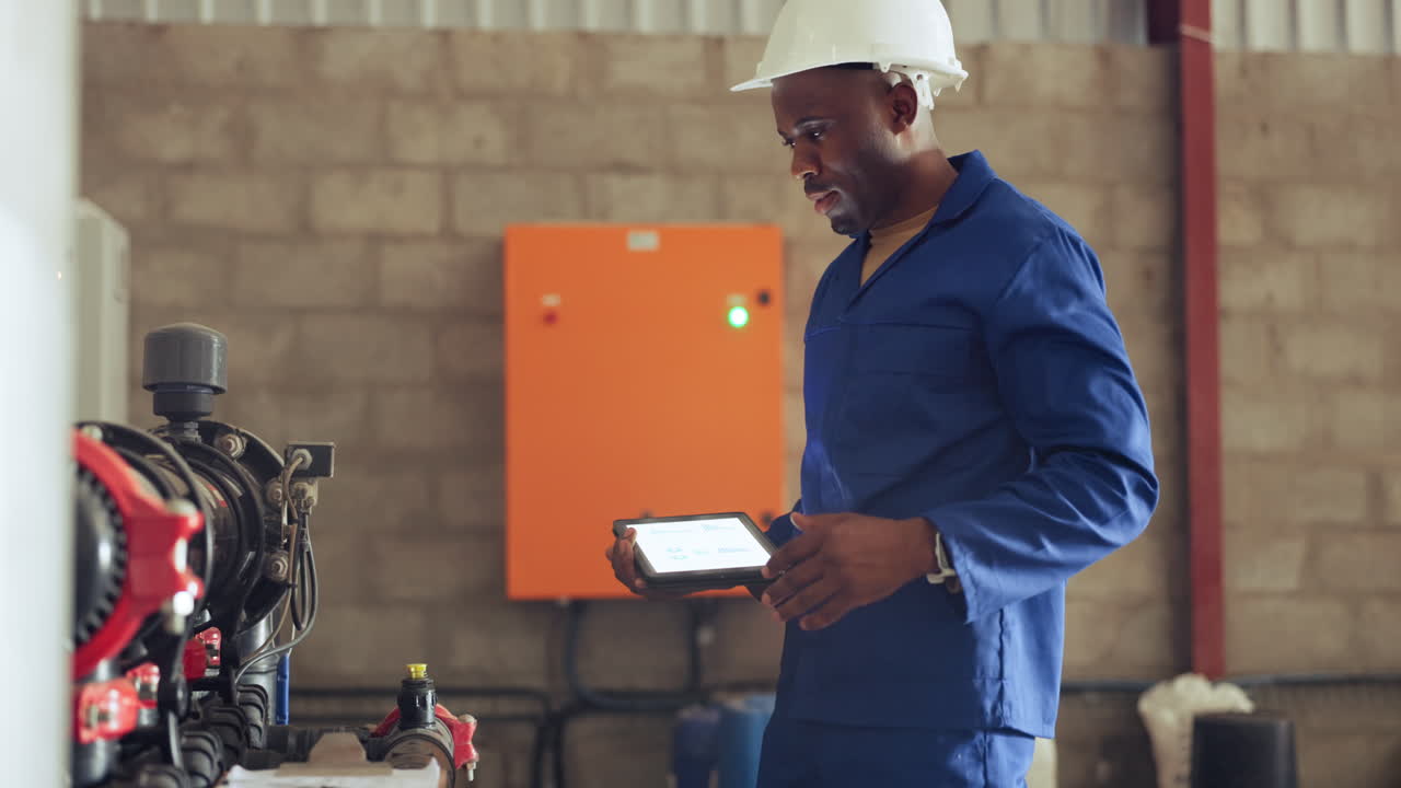 Man, tablet and machine engine repair