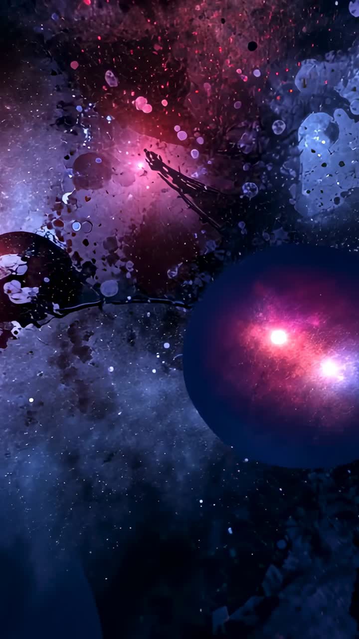 Vertical video: Flare pulsing sending orb sliding from bottom right, revealing nebula, copy space