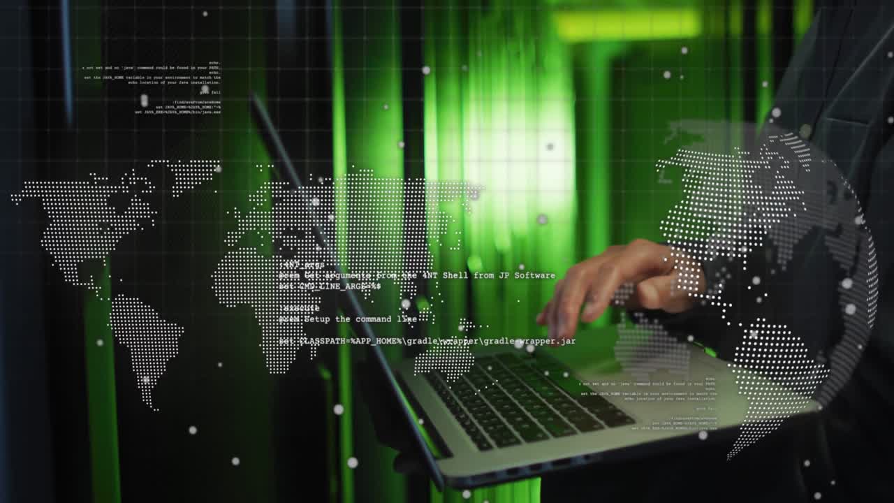 Animation of data processing, world map over male it technician using laptop by computer server