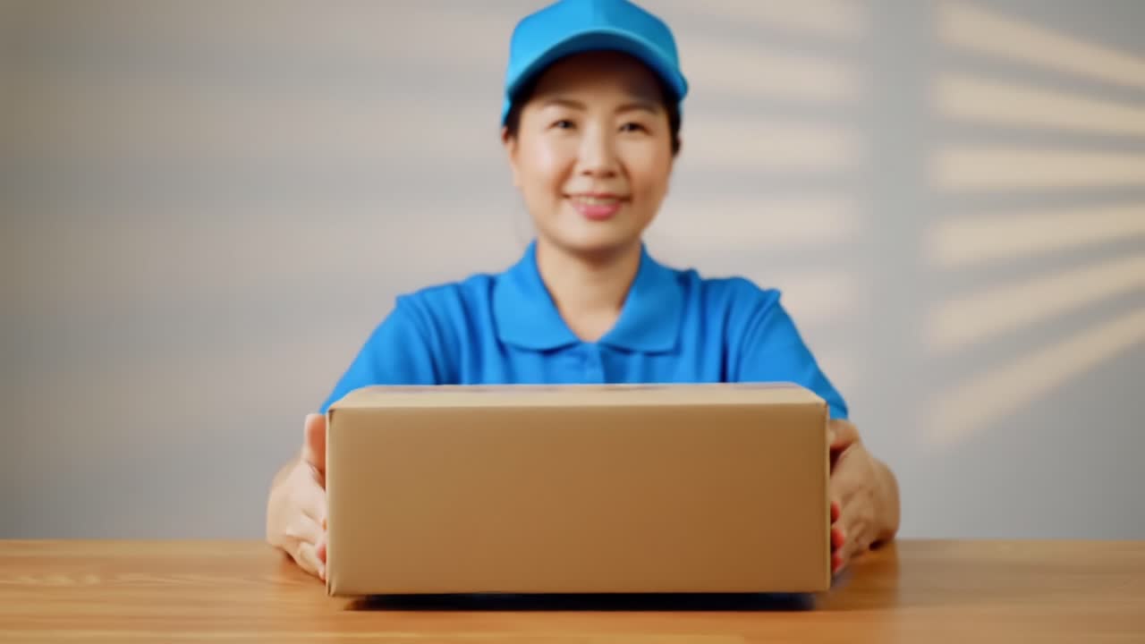 A cheerful delivery person in a blue uniform presents a shipping box, showcasing friendly service and professionalism while ensuring packages are handled with care