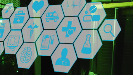 animation of medical icons and data processing over computer servers