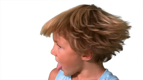 little boy shaking head on white background