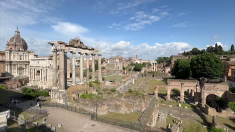 Wide,-establishing-pan-of-Roman-Forum-in-Central-Rome-on-a-sunny-day