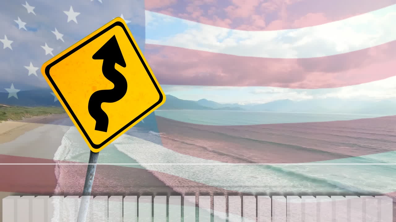 도로 표지판, 미국 발 및 풍경 위에 금융 데이터 처리의 애니메이션