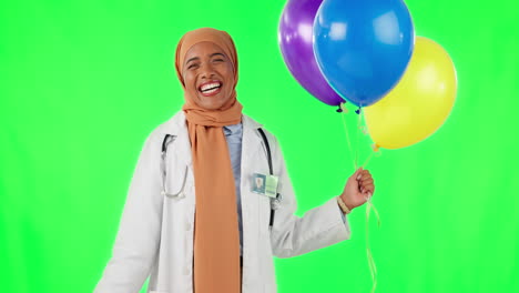 Doctor,-woman-and-balloons-with-celebration-green