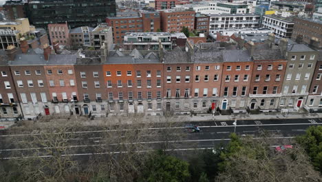 aerial around merrion square park area on the south side of dublin city, ireland_pan shot