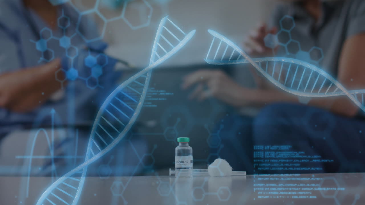 cadeias de dna e animação de dados científicos sobre o frasco de vacina contra a covid-19 na mesa
