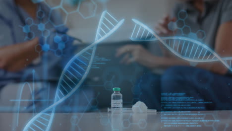 dna strands and scientific data animation over covid-19 vaccine vial on table