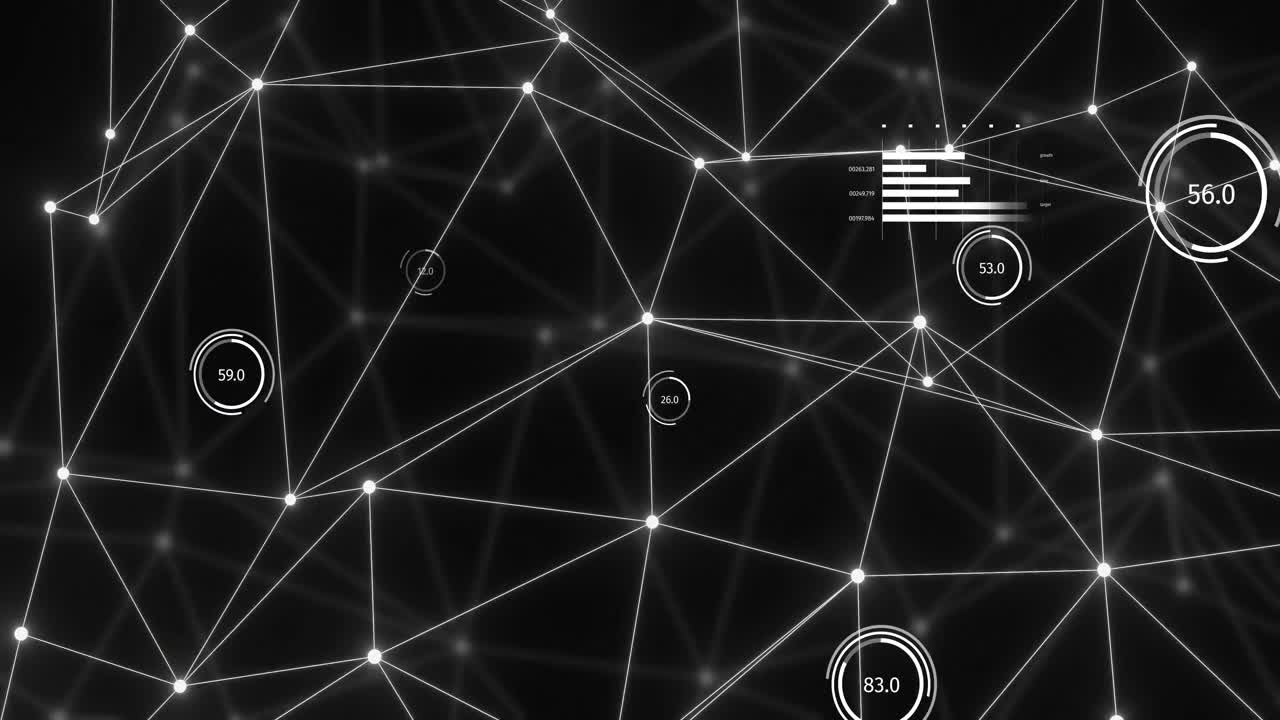 Animation of bright white network and data processing over distant network on black background