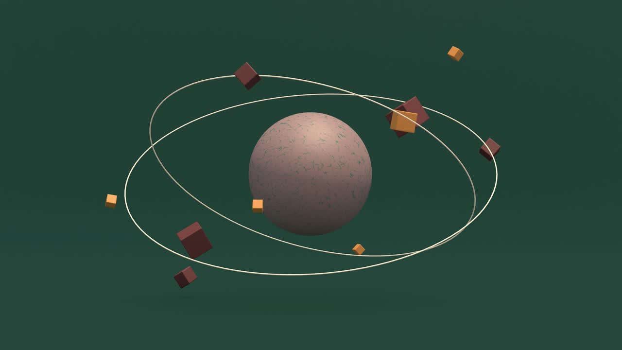 gran esfera texturizada y cubos en órbita. fondo verde. animación abstracta, renderizado en 3d.