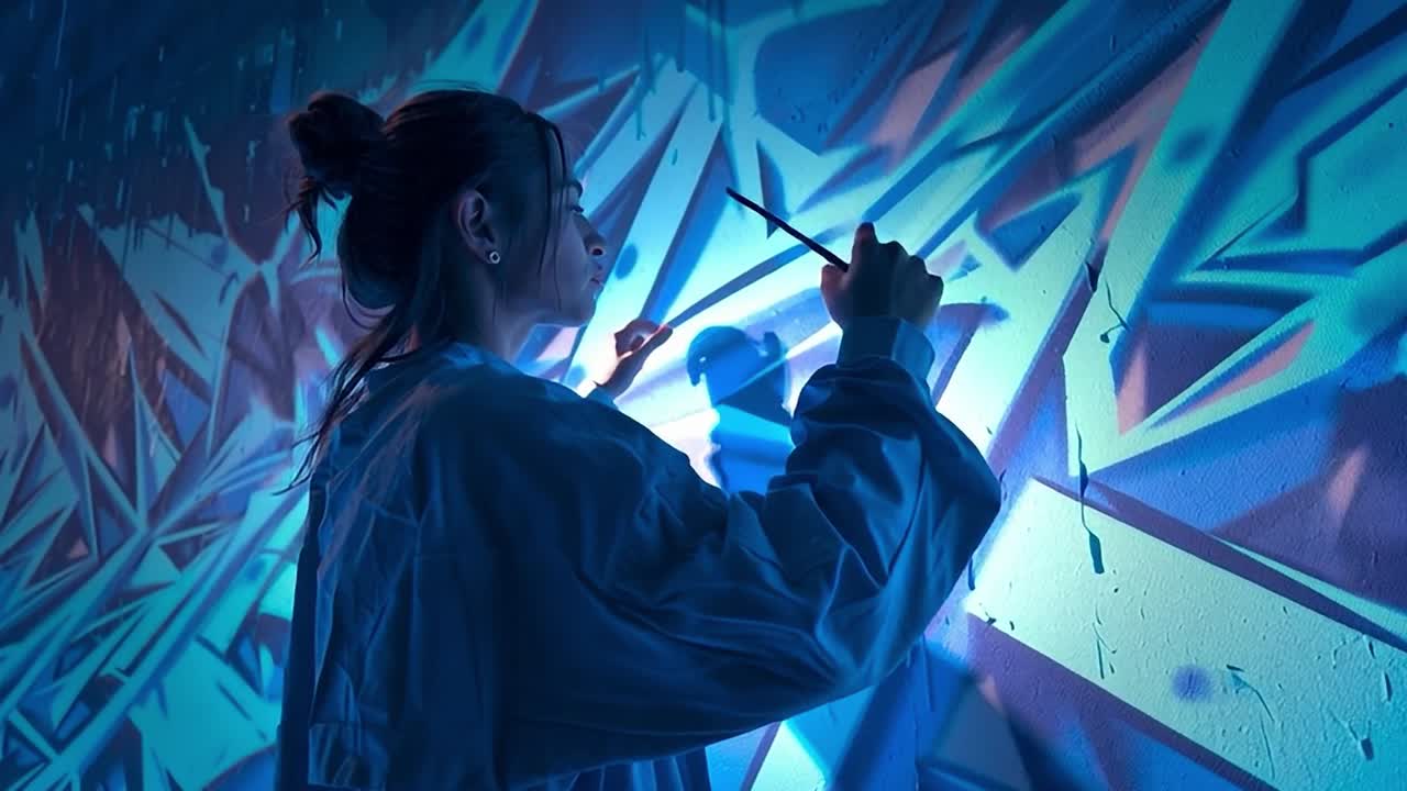 Kreativ kunstner maler farverigt vægmaleri i bymiljø om natten.