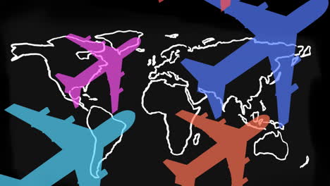 animation of colorful planes flying over world map on black background