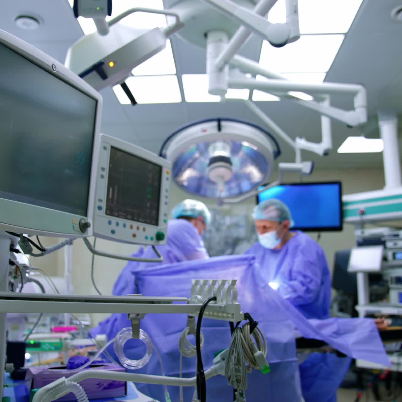 Well-equipped surgery room in modern hospital. Uniformed surgeons perform operation at backdrop in blur