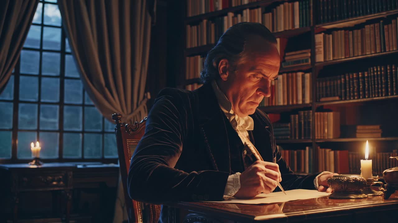 A historical video scene with a man writing by candlelight in a library