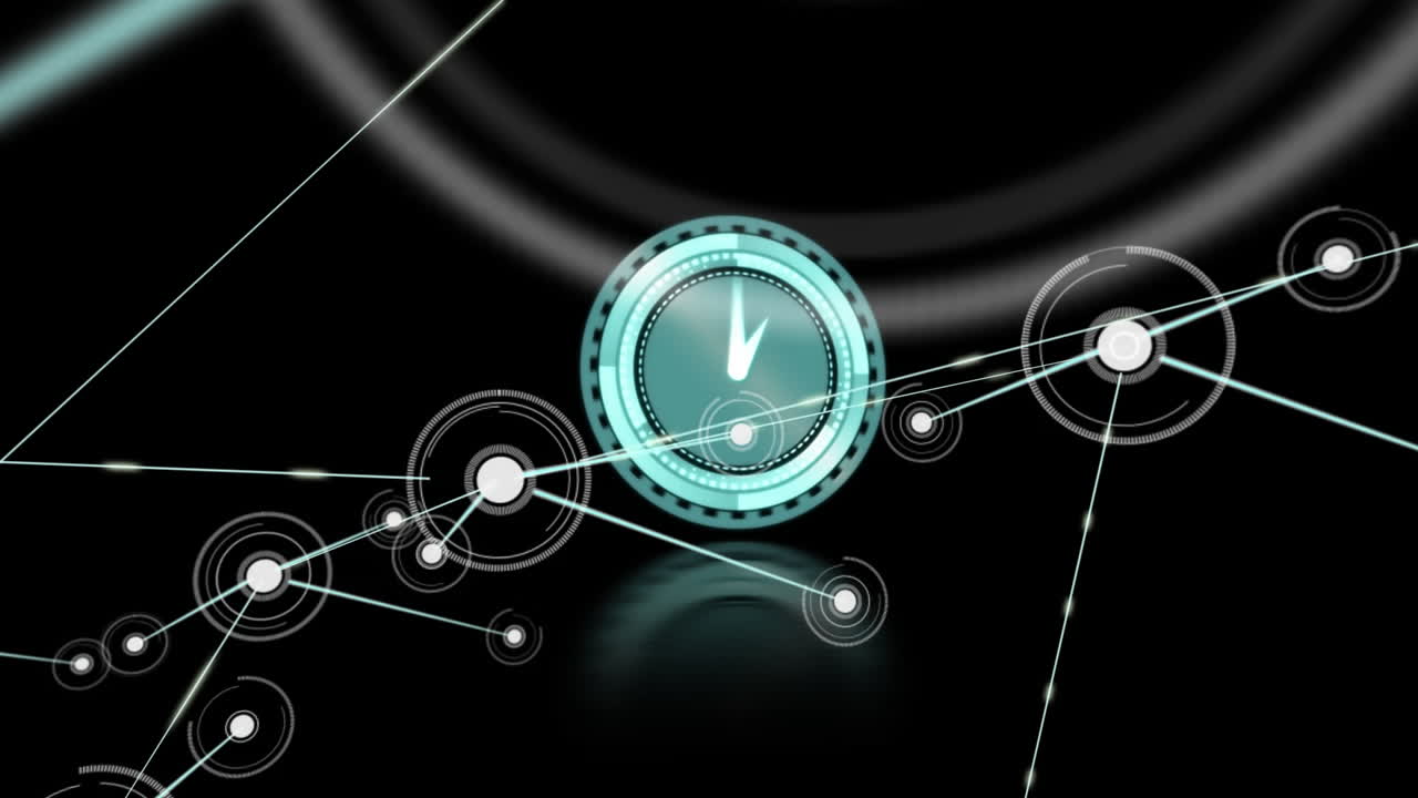 검은색 배경에 회전하는 손과 연결 네트워크가 있는 시계의 애니메이션