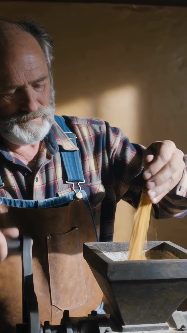 Vertical video: Feeding man in apron guiding corn into grinder, turning crank making meal in mill