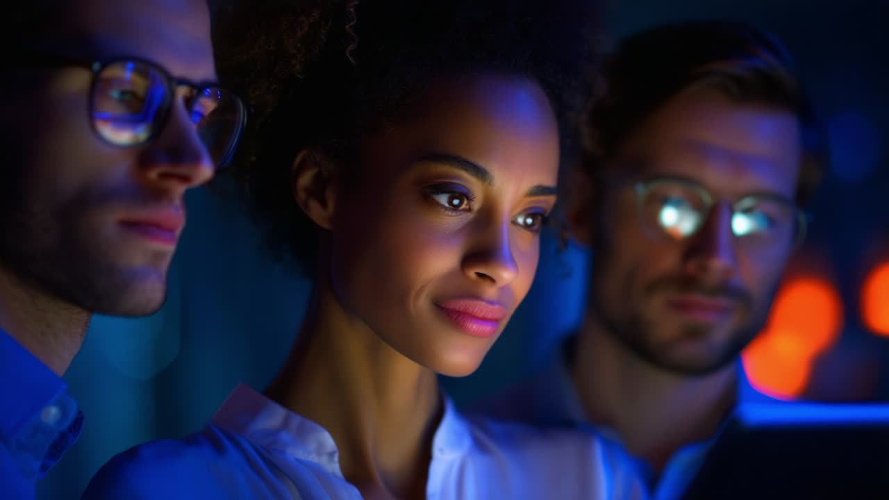 A Group of Focused Friends Engaged in Digital Collaboration, Illuminated by a Soft Blue Light, Clearly Deliberating Over Information Presented on a Tablet, Showcasing Modern Connectivity and Engagement