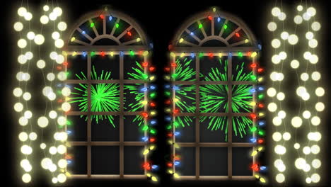 animación de ventanas con coloridas luces navideñas y fuegos artificiales en el cielo nocturno