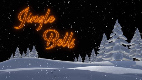 animation of jingle bells text over snow falling and winter landscape at christmas