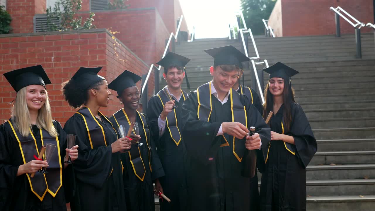 Gruppo eterogeneo di laureati che festeggiano con champagne
