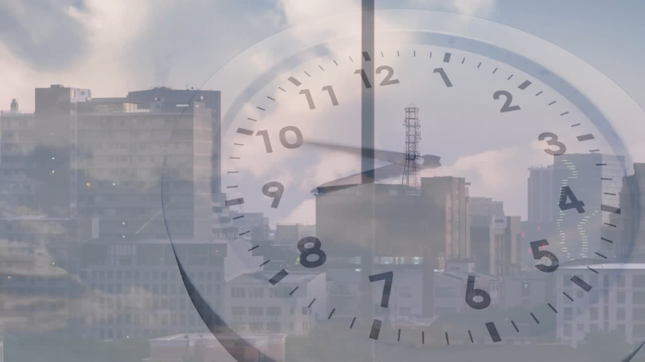 On play translucent clock hands rotating clockwise over city skyline, showing passage of time
