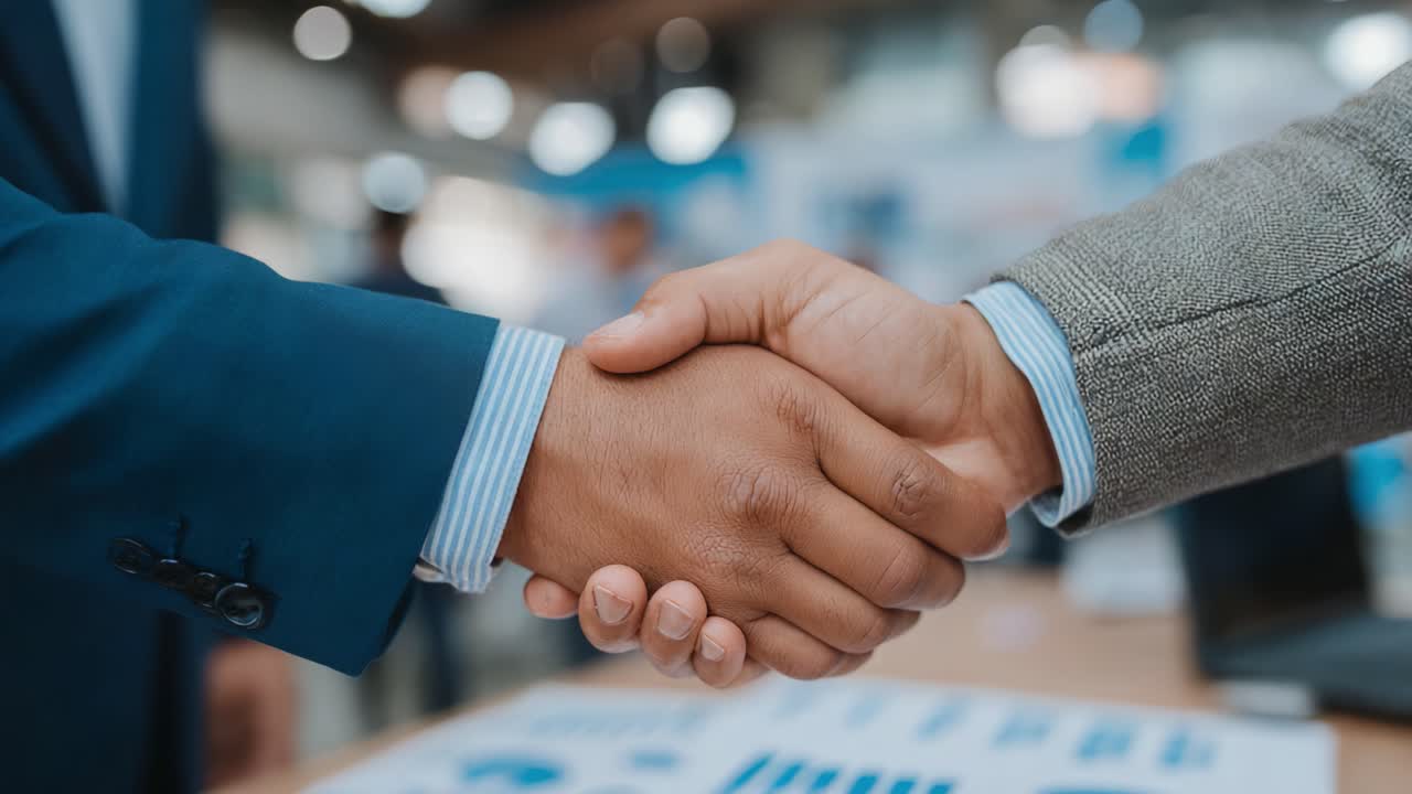Un gesto simbolico di accordo e partnership tra due professionisti in un contesto aziendale con grafici e analisi di dati sullo sfondo.