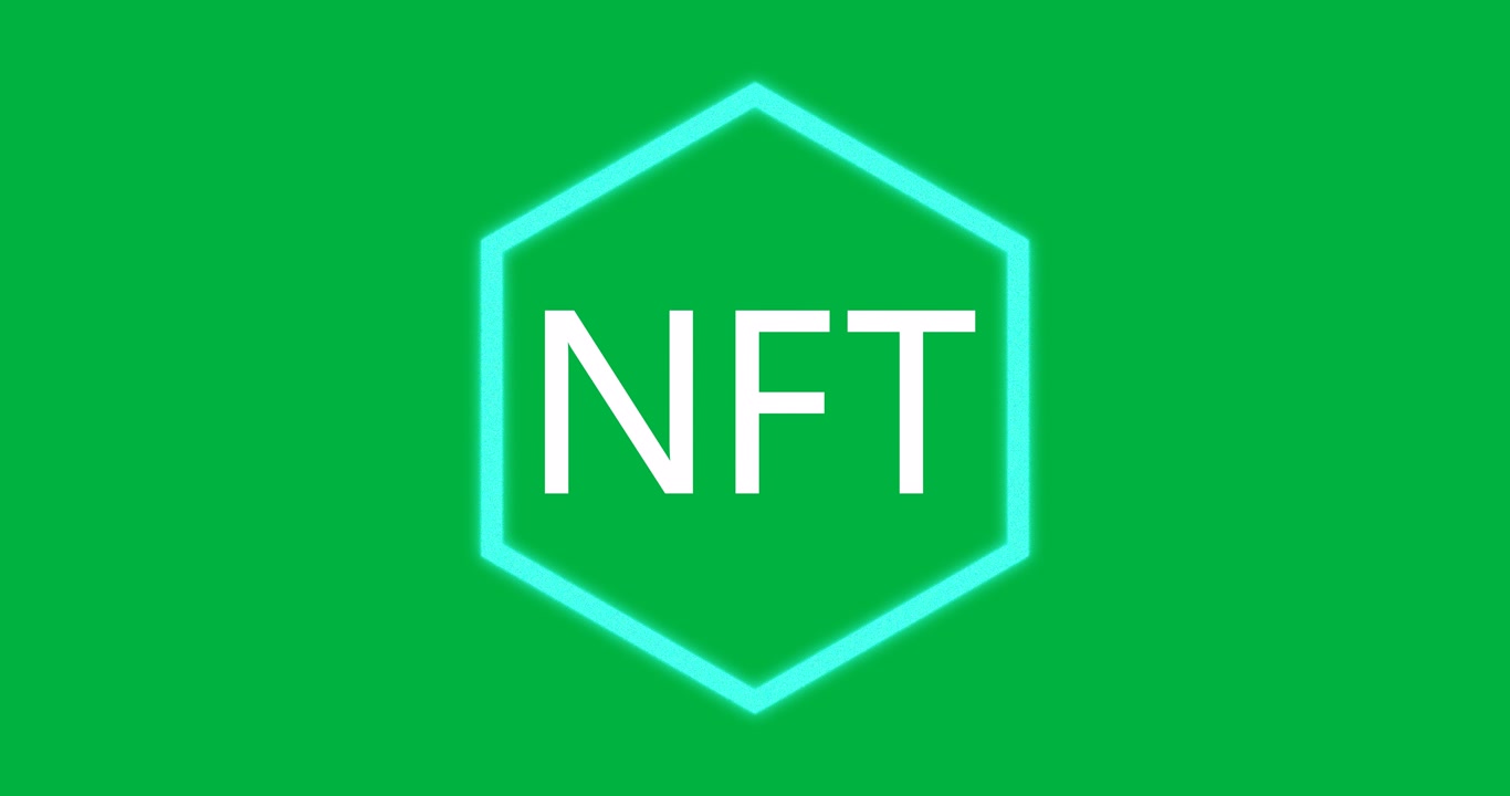 Animation of nft text in neon hexagon on transparent background