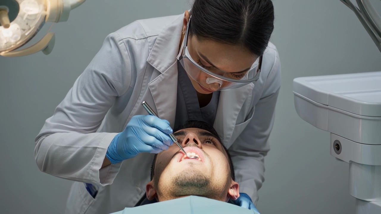 Dentista in camice bianco che inserisce specchietto e sonda, controllando i denti superiori per un esame in clinica.