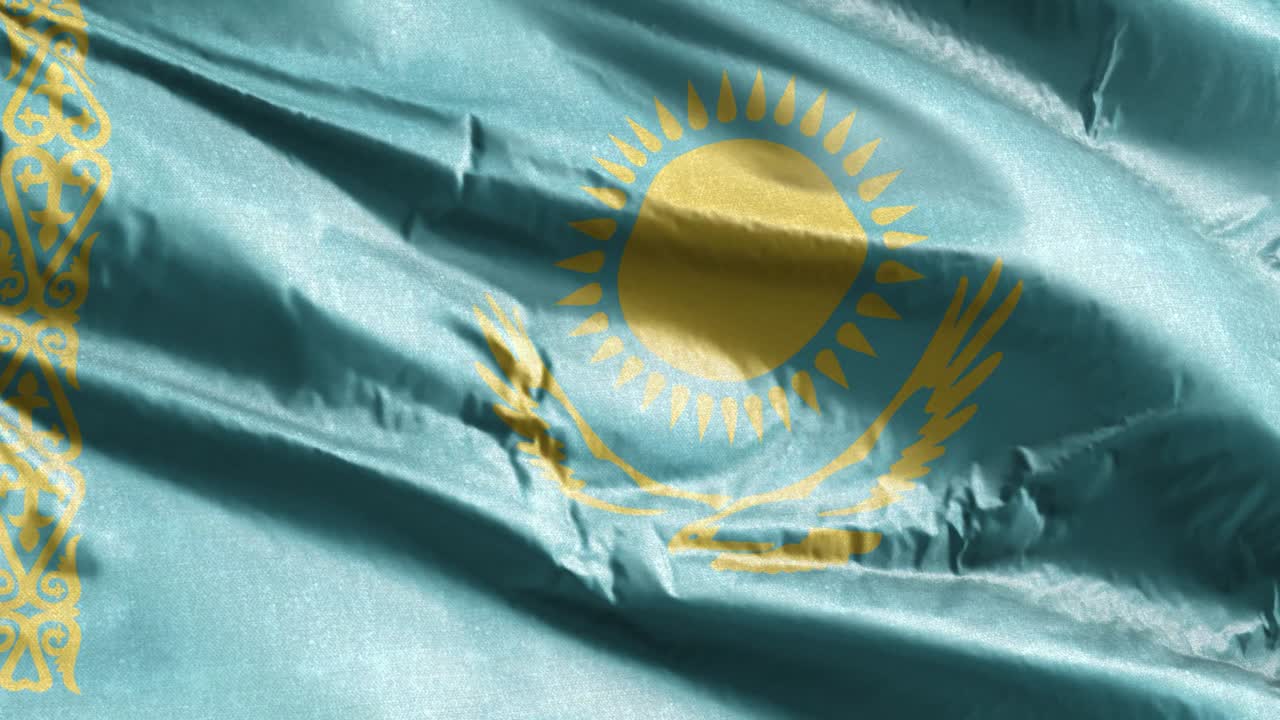 Kazakhstan textile flag slow waving on the wind loop. Kazakh banner smoothly swaying on the breeze. Fabric textile tissue. Full filling background. 20 seconds loop.