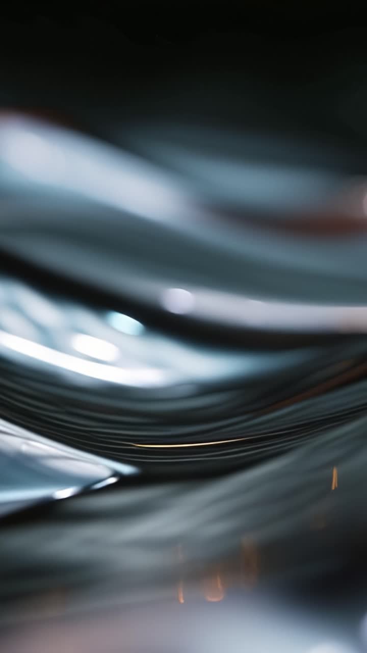 Indviklet nærbillede af glinsende metalliske bølger med bløde bokeh-højdepunkter, der fanger essensen af flydende bevægelse og lysrefleksion på en mørk baggrund