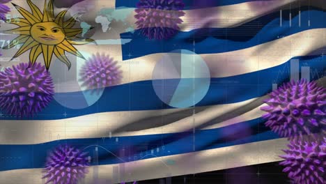 macro corona virus spreading with uruguayan flag billowing in the background