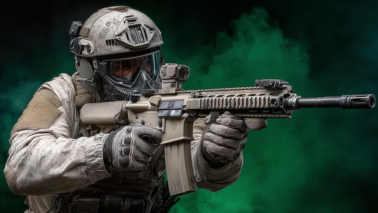 A skilled soldier takes aim with precision, poised for action in a dramatic green smoke backdrop, showcasing their tactical gear and advanced weaponry in a moment of intense focus