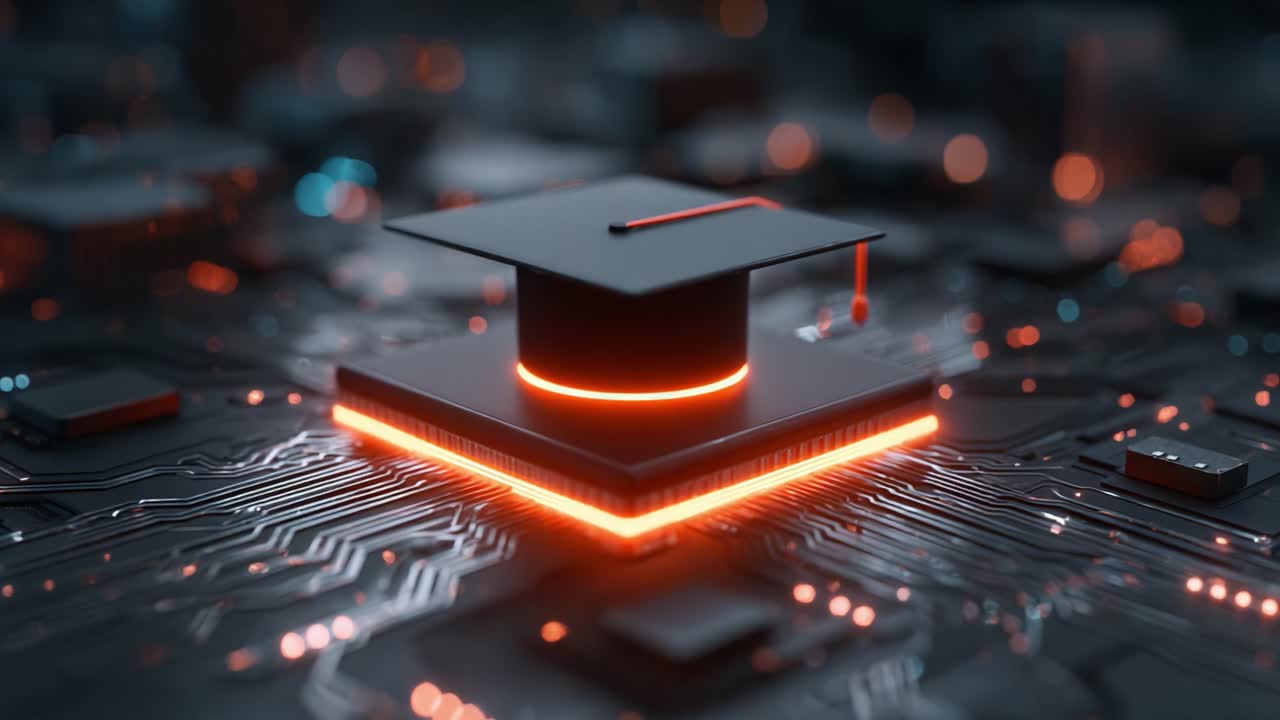 Symbolizing the Fusion of Education and Technology, a Graduation Cap Rests on a Circuit Board, Illuminated by a Vibrant Glow Representing Knowledge and Innovation