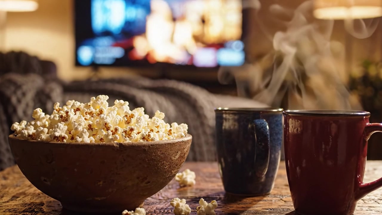 Cenário Aconchegante para Noite de Cinema com Pipoca Fresca e Bebidas Quentes Fumegantes, Capturando Perfeitamente a Atmosfera Relaxante para Desfrutar de Filmes em Casa