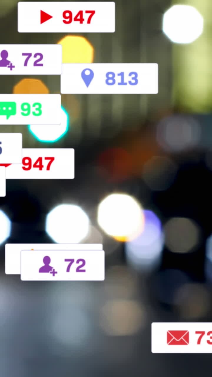 Animation af ikoner for sociale medier og tal over sløret trafiklys