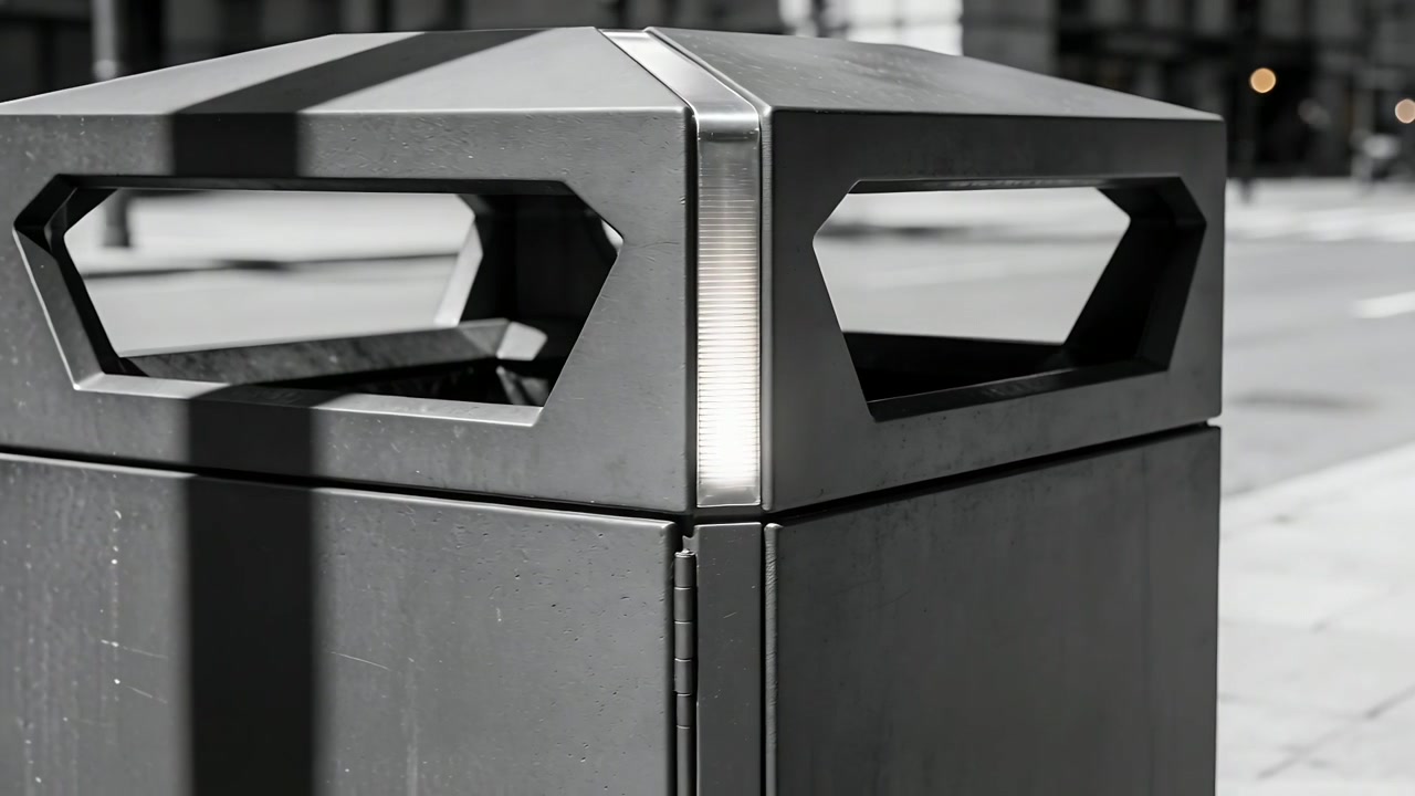 La telecamera si allontana rivelando un cestino stradale centrato, mostrando un secondo cestino con sacchi e pendolari