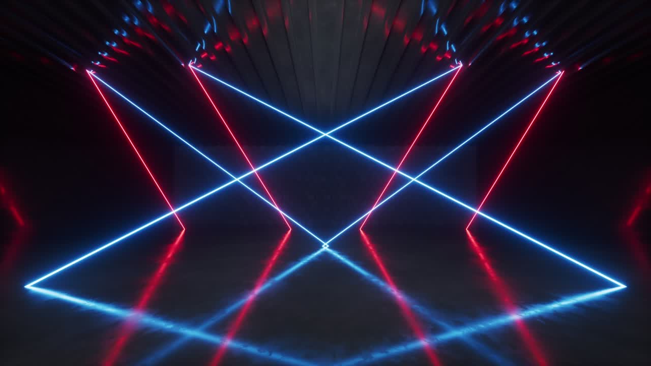 stanza buia con linee al neon luminose, animazione a loop, rendering 3d.