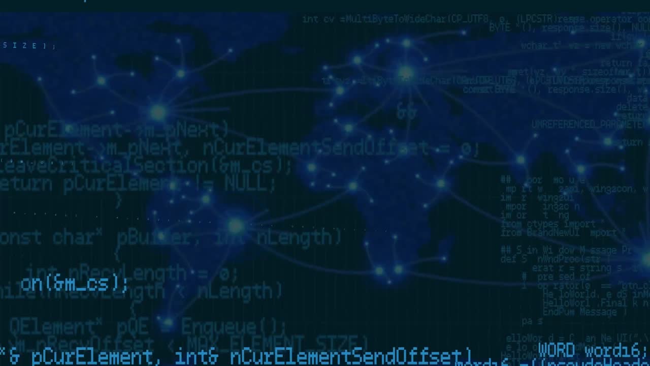 Animation of data processing with world map on blue background