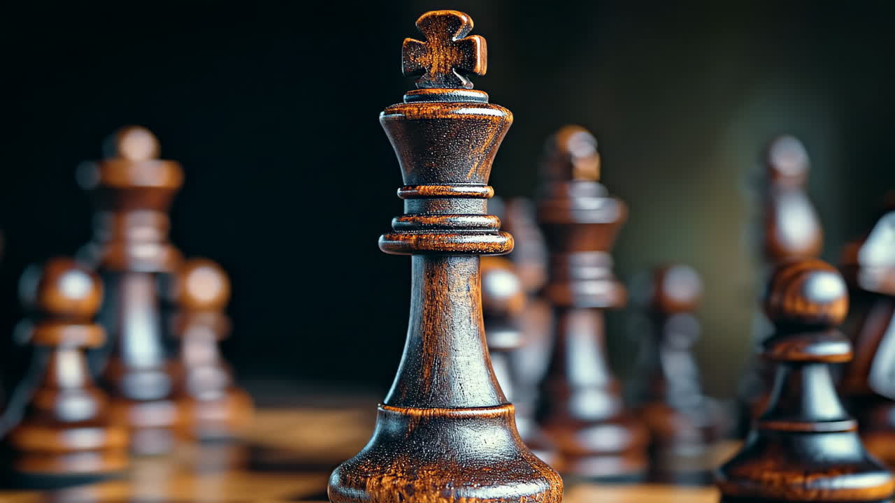 King piece stands tall. A wooden king piece dominates the chessboard with other pieces blurred in the background during a quiet game session