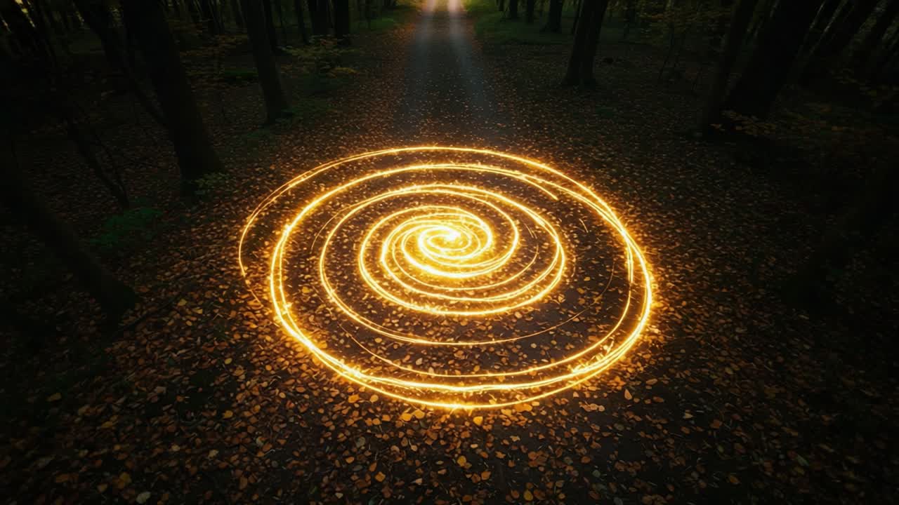 A Captivating Spiral of Light in a Forest Pathway Captures Nature's Enchantment, Inviting Exploration and Wonder Amidst Autumn's Golden Leaves