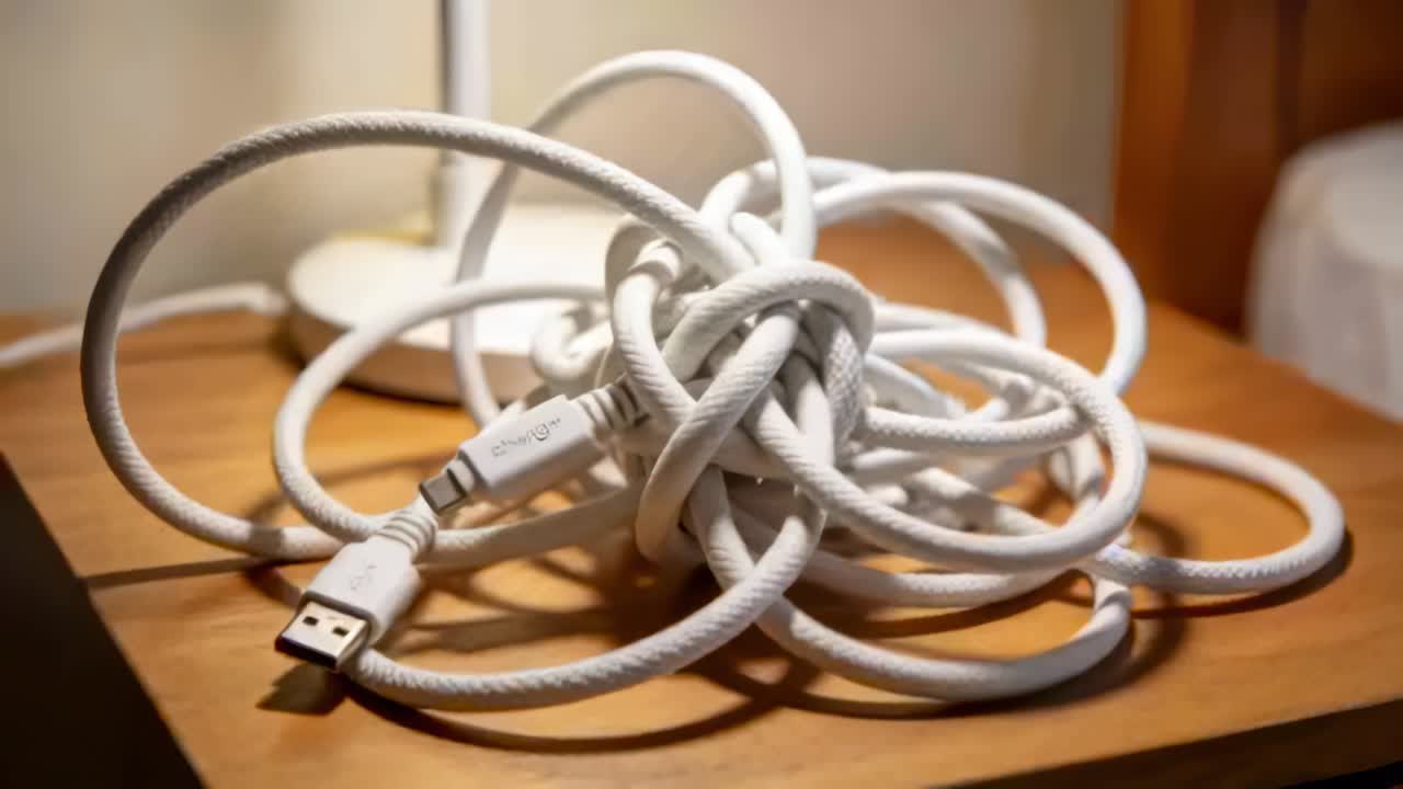 Shifting camera revealing braided white charging cable on nightstand, lamp, bed to center cable