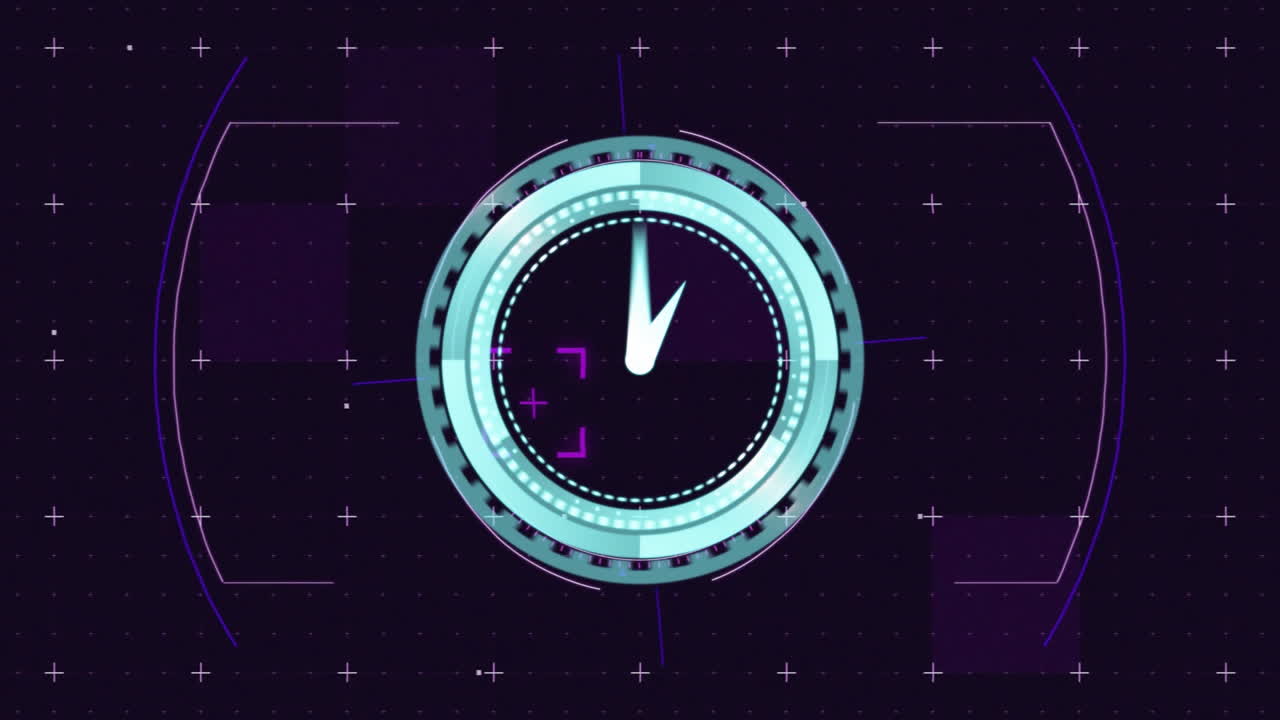 Futuristic clock animation with glowing blue and purple digital elements